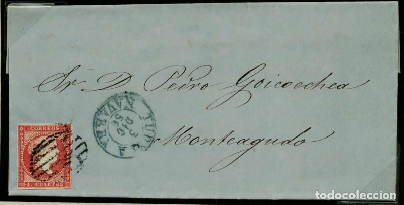 Sellos: FA2198. Emision 1-04-1855. Carta circulada de Tudela a Monteagudo