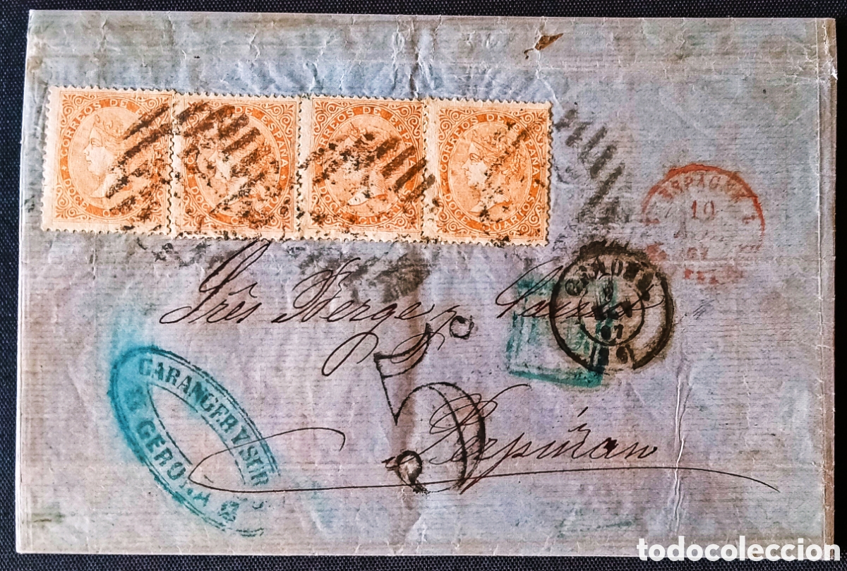 Sellos: ESPA&Ntilde;A. (Cat. 89A (4)). 1867. Carta GERONA a PERPI&Ntilde;AN (FRANCIA). FRANQUEO de CUATRO PORTES. RAR&Iacute;SIMA