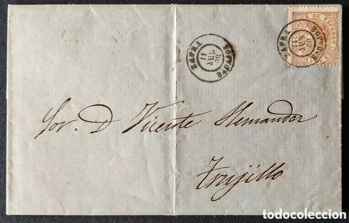 Sellos: ESPA&Ntilde;A. (Cat. 96). 1868. Carta de ZAFRA a TRUJILLO, franqueo 50 mls. Mat. * ZAFRA/BADAJOZ *. LUJO