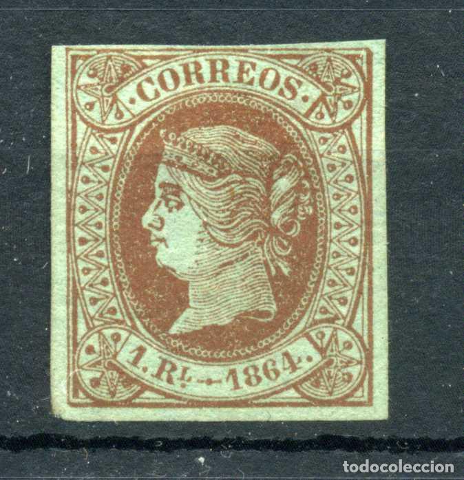 Sellos: XS- ISABEL II 1864 1 Real Casta&ntilde;o sobre verde Ed. 67 NUEVO SIN GOMA Est. ROIG