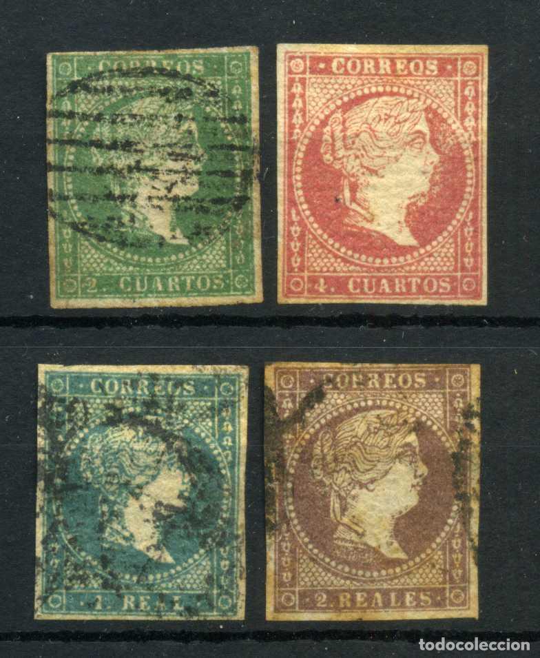 Sellos: XS- ISABEL II 1855 SERIE x4 sellos PAPEL RUGOSO CON FILIGRANA RAROS Ed. 43-46