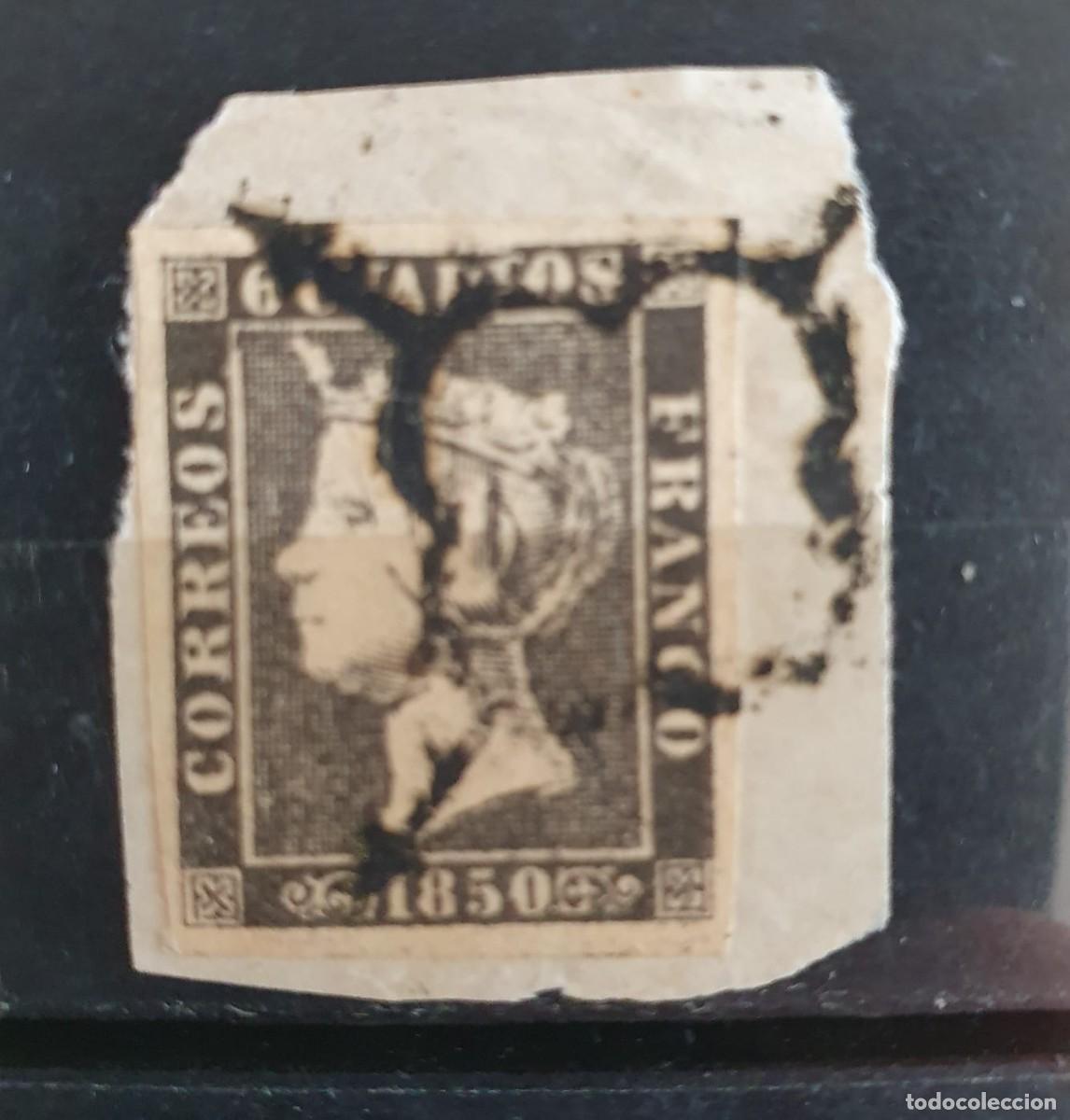 Sellos: EDIFIL 1 PLANCHA II 6 CUARTOS ARA&Ntilde;A NEGRA USADO ISABEL II ESPA&Ntilde;A 1850 POSICION 14 FRAGMENTO