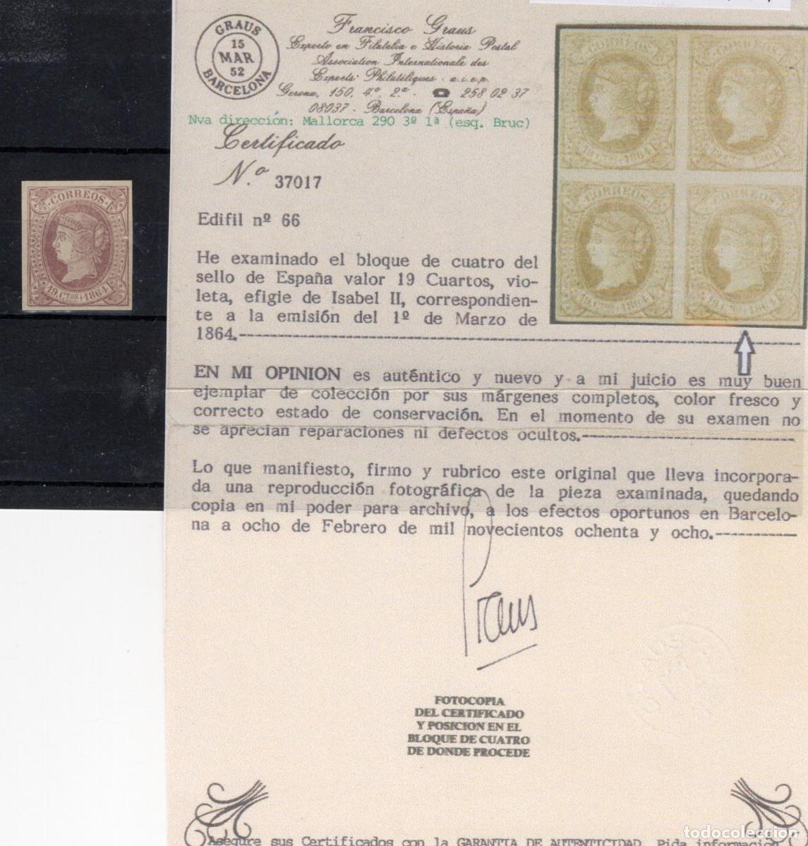 Sellos: PC686 Sellos Espa&ntilde;a A&ntilde;o 1864 Edifil 66* sello original en NUEVO CON CERTIFICADO v.c. 275 &euro;