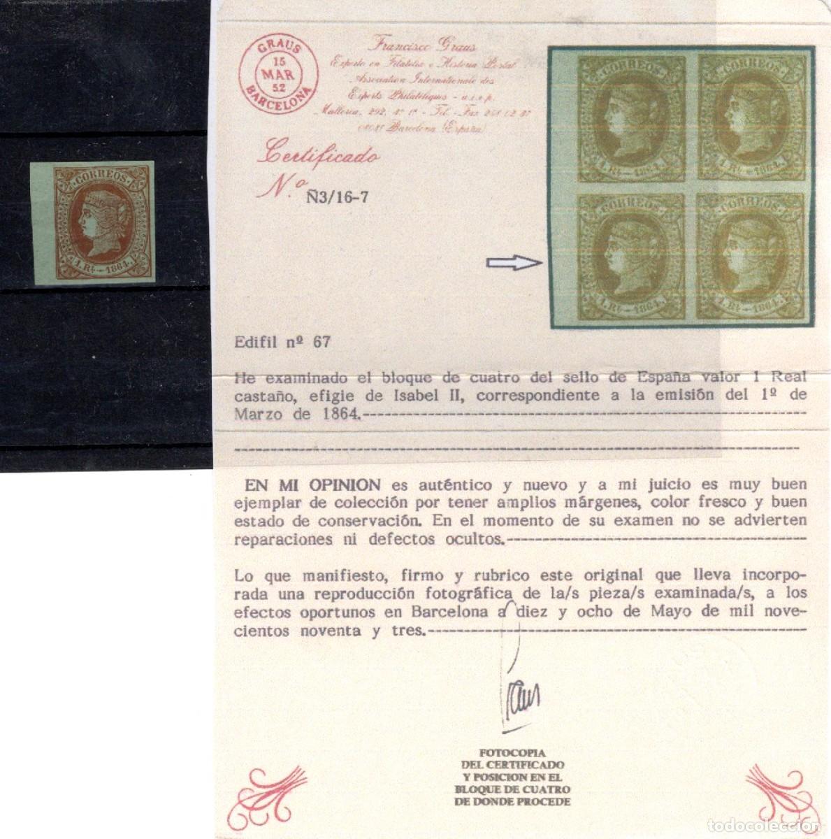 Sellos: PC687 Sellos Espa&ntilde;a A&ntilde;o 1864 Edifil 67* sello original en NUEVO CON CERTIFICADO v.c. 275 &euro;