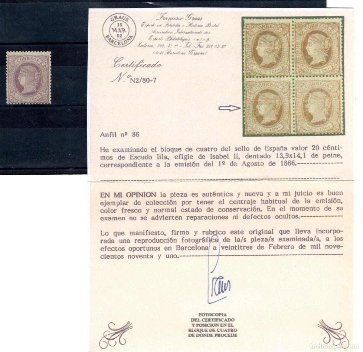 Sellos: PC688 Sellos Espa&ntilde;a A&ntilde;o 1866 Edifil 86* sello original en NUEVO CON CERTIFICADO v.c. 1525 &euro;