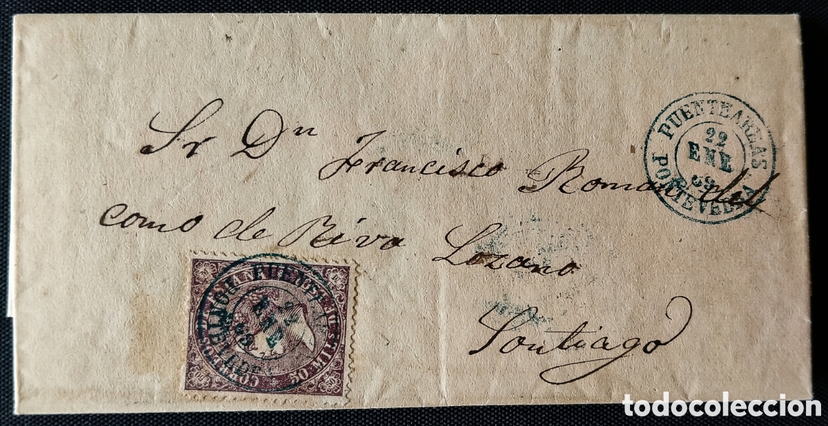 Sellos: ESPA&Ntilde;A. (Cat. 98). 1869. Carta PUENTEAREAS a SANTIAGO. Franqueo 50 Mls. Mat. AZUL. Plus TEXTO
