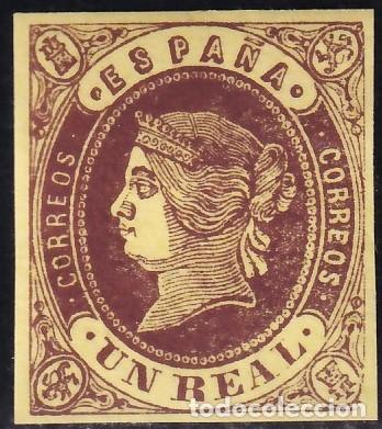 Sellos: ESPA&Ntilde;A, 1862 EDIFIL N&ordm; 61 /*/, 1 r casta&ntilde;o s. amarillo