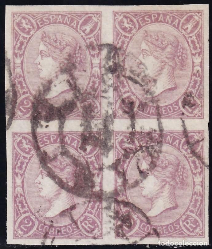 Sellos: ESPA&Ntilde;A, 1865 EDIFIL N&ordm; 73, 2 r. lila. [Bloque de cuatro.]
