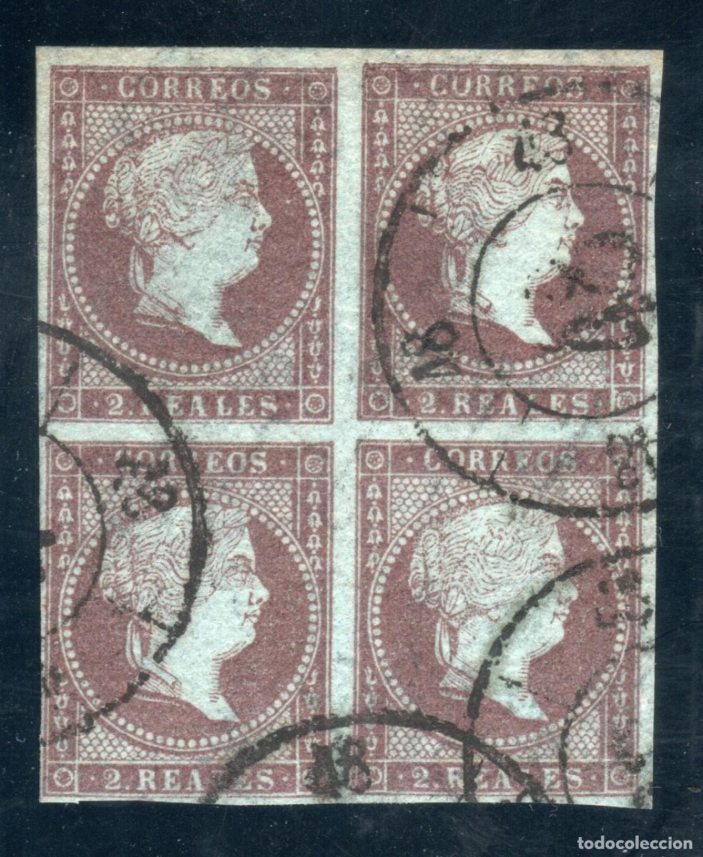 Sellos: EDIFIL 42 ISABEL II. A&Ntilde;O 1855. PAPEL AZULADO CON FILIGRANA LAZOS (BLOQUE DE 4).VALOR CAT&Aacute;LOGO: 96 &euro;.