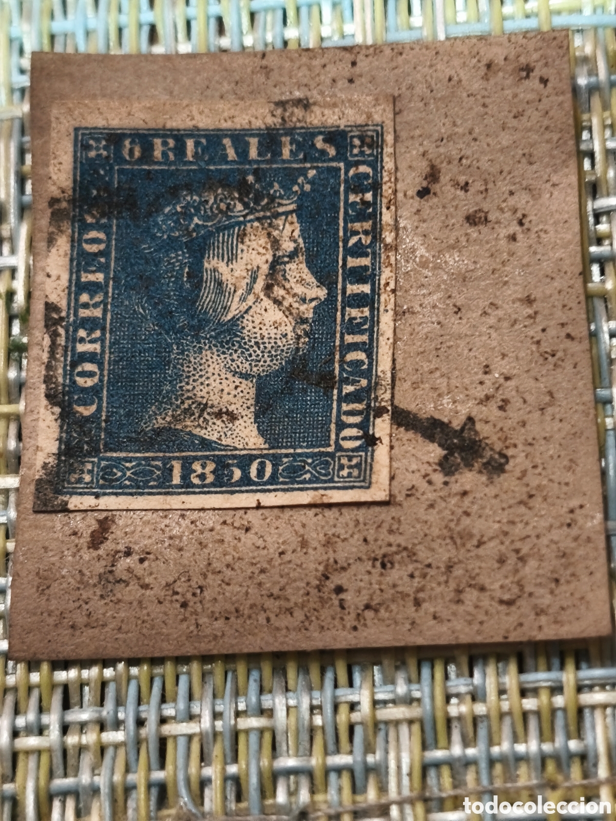 Francobolli: Sello cl&aacute;sico de Espa&ntilde;a sobre fragmento ara&ntilde;a negra n 4 ,bonito 6 reales azul ,ver imagenes