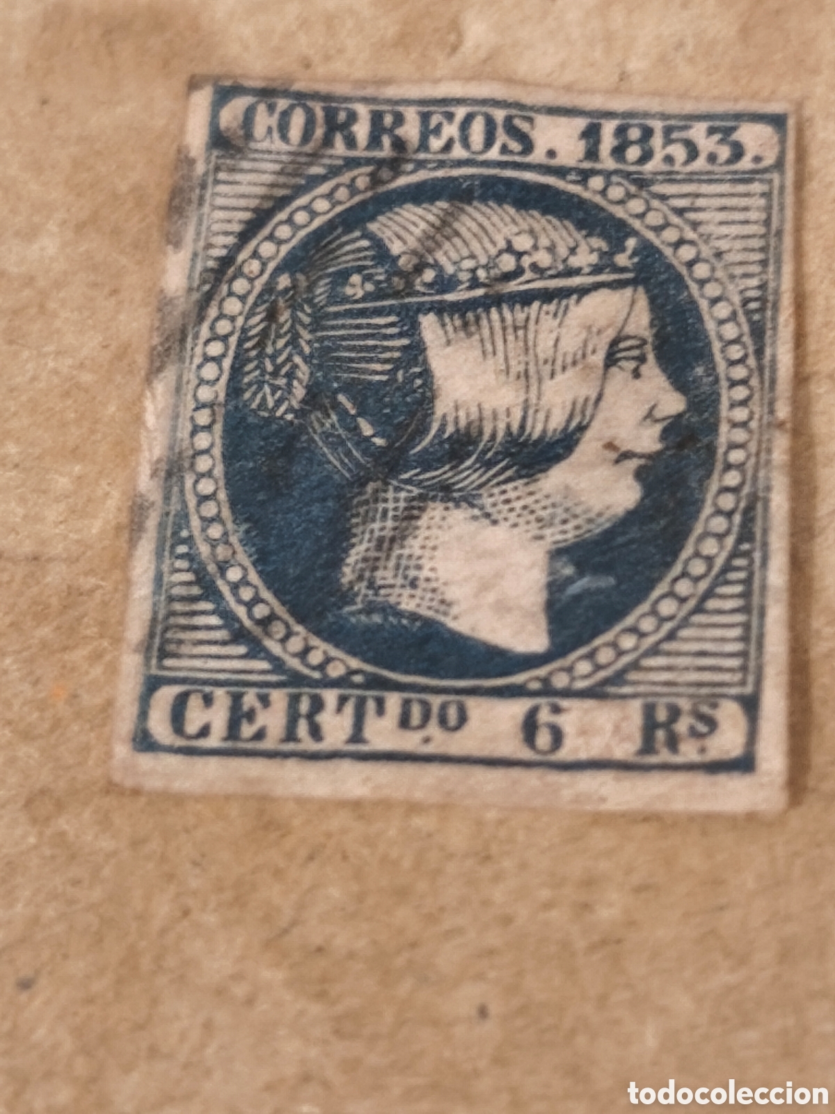 Sellos: Sello cl&aacute;sico de Espa&ntilde;a n 21 usado matasellos parrilla negra ,6 reales azul muy escaso ver