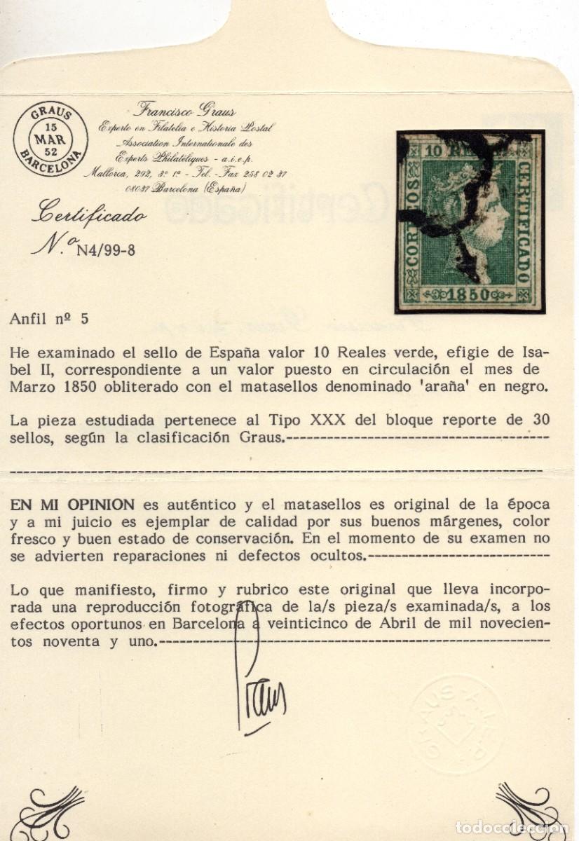 Sellos: ESPA&Ntilde;A 1850 - ISABEL II EDIFIL 5 - 10 REALES - ARA&Ntilde;A CERTIFICADO GRAUS LUJO