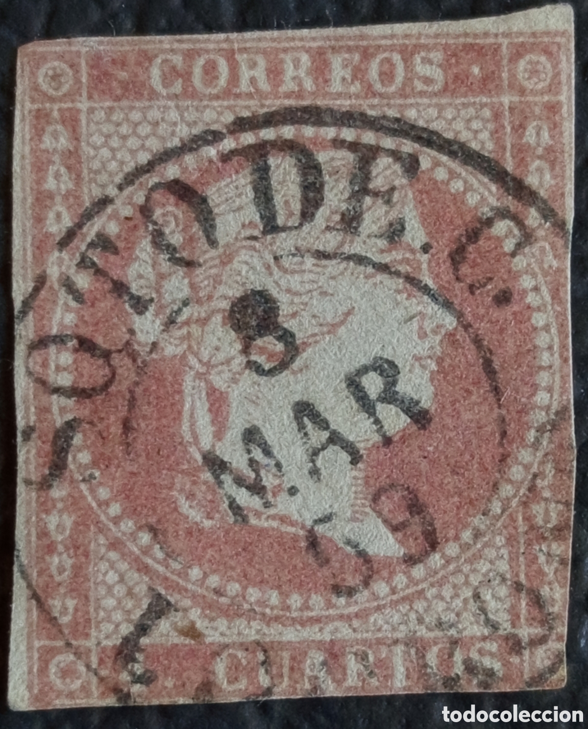 Sellos: Espa&ntilde;a 1855 &middot; Isabel II &middot; 4 Cuartos &middot; Rosa/Rojo &middot; Sin dentar &middot; Edifil 48B &middot; Usado