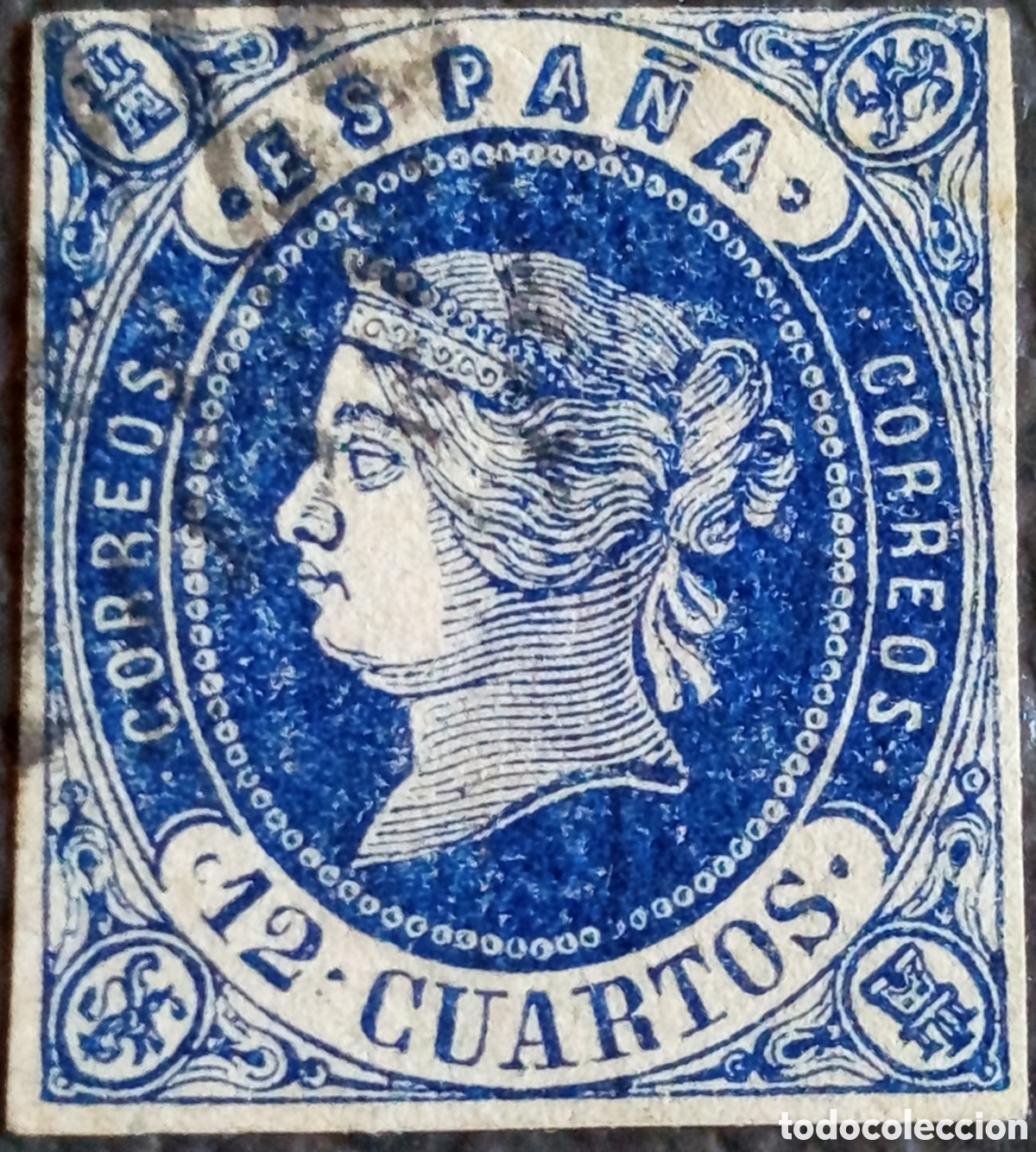 Sellos: Espa&ntilde;a 1862 Isabel II 12 Cuartos Azul Edifil 59 Sin Dentar Usado