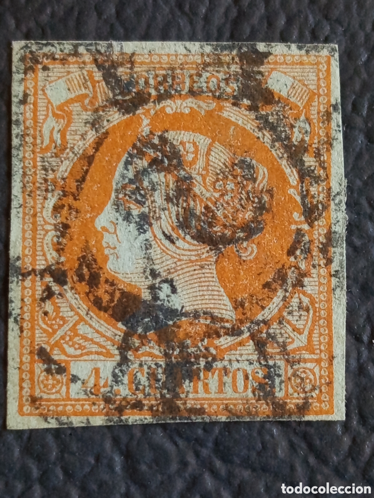 Sellos: Espa&ntilde;a 1860 &middot; Isabel II &middot; 4 Cuartos &middot; Naranja sobre Verde &middot; Sin dentar &middot; Edifil 52 &middot; Usado