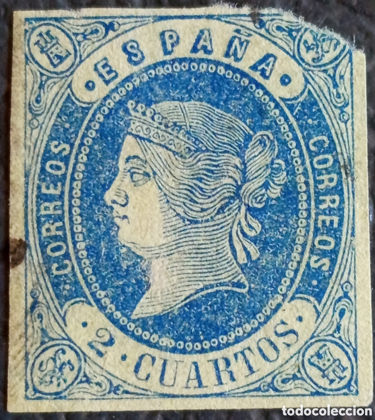 Sellos: Espa&ntilde;a 1864 Edifil 63 Isabel II 2 Cuartos Azul Imperforate Sin Goma