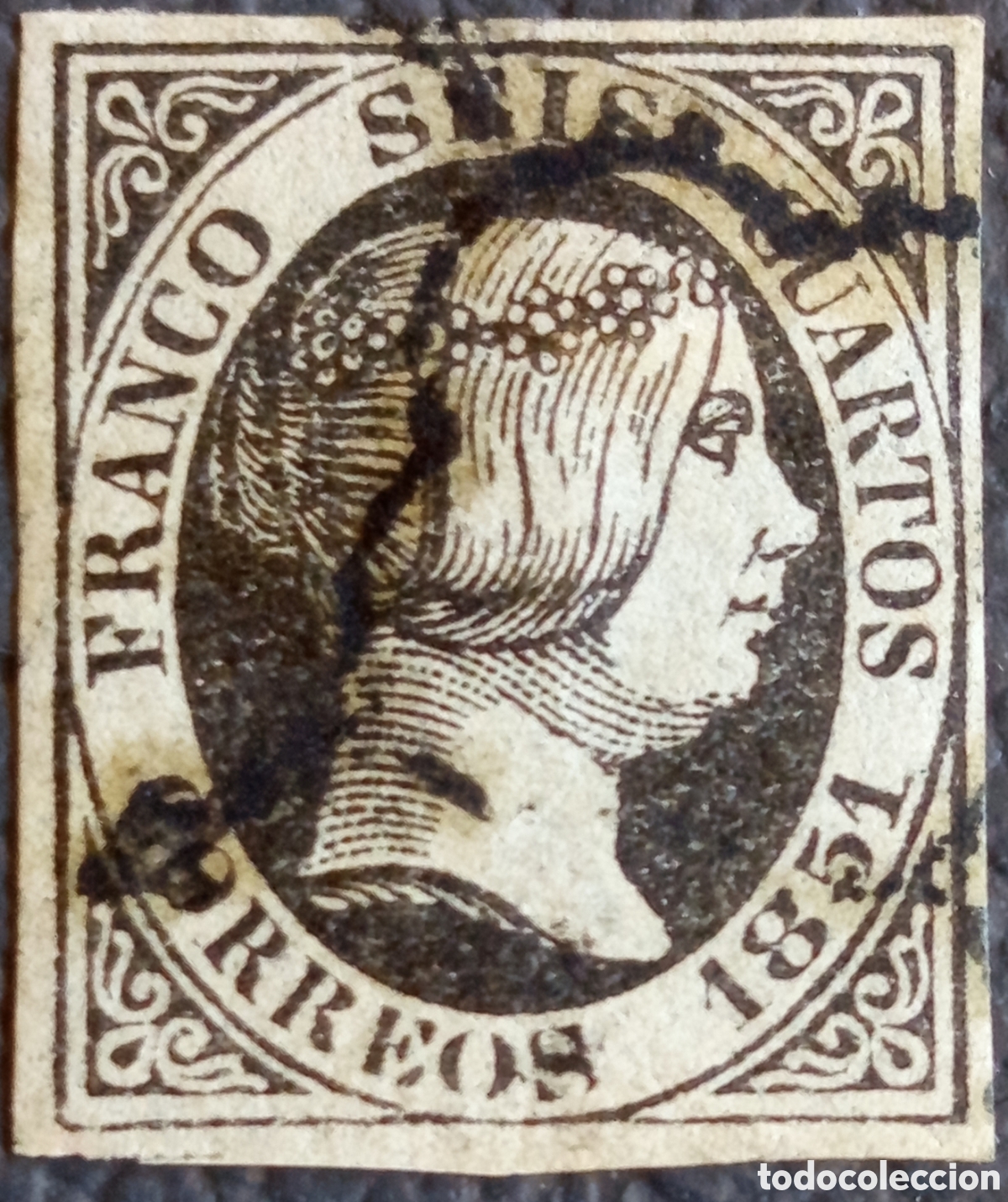 Sellos: Espa&ntilde;a 1851 Edifil 6 Isabel II 6 Cuartos Negro Papel Fino Transparente