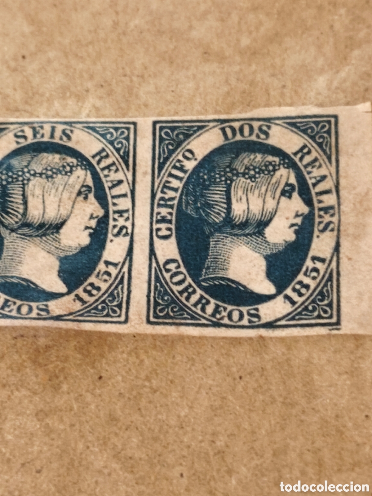 Sellos: Pareja de sellos n 8 y n 9 en el mismo pliego G&aacute;lvez muy raro y escaso ,2:reales azul y 6 reales azu
