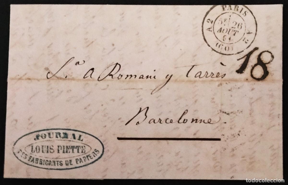 Sellos: FRANCIA-ESPA&Ntilde;A. 1861. Carta de PAR&Iacute;S a BARCELONA. Diversas marcas. TEXTO sobre INDUSTRIA del PAPEL