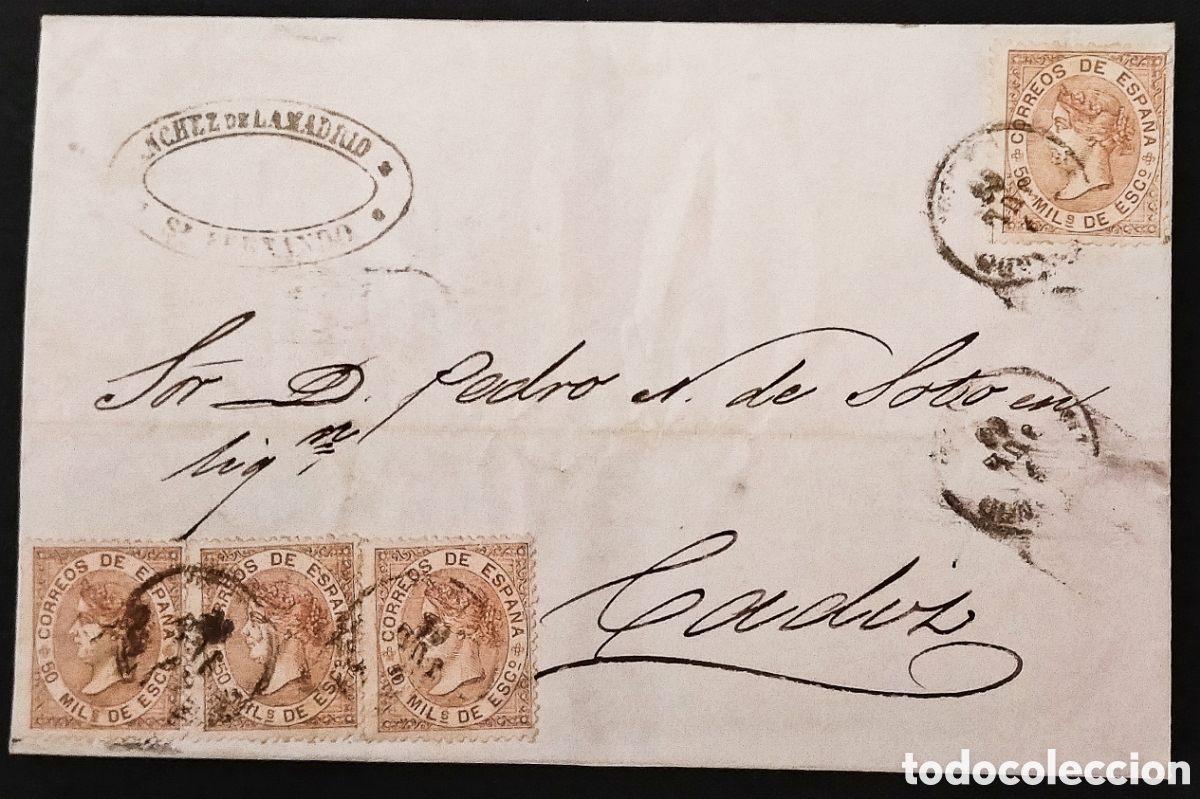 Sellos: ESPA&Ntilde;A. (Cat. 96 (4)). 1868. Cubierta de SAN FERNANDO a C&Aacute;DIZ. 50 MLS. FRANQUEO 4 PORTES. RRR
