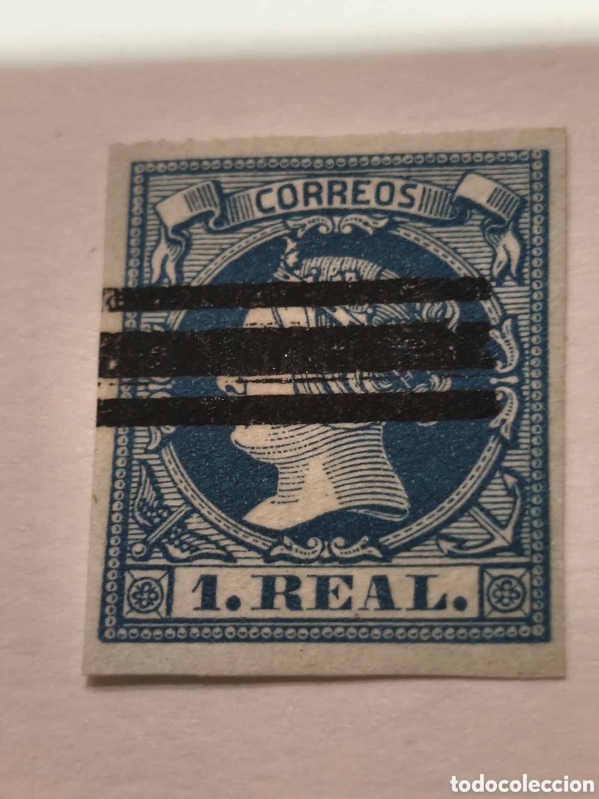 Sellos: Sello cl&aacute;sico de Espa&ntilde;a n 55 barrado muy escaso 1 real azul ver im&aacute;genes en uevo ** ver