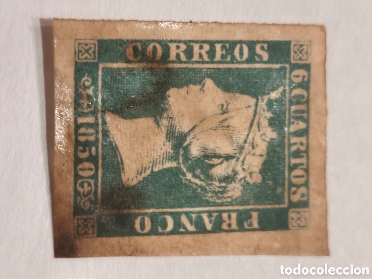 Sellos: Sello cl&aacute;sico de Espa&ntilde;a n 1 A,variedad de color 6 cuartos verde en vez de negro , mancha sobada pape