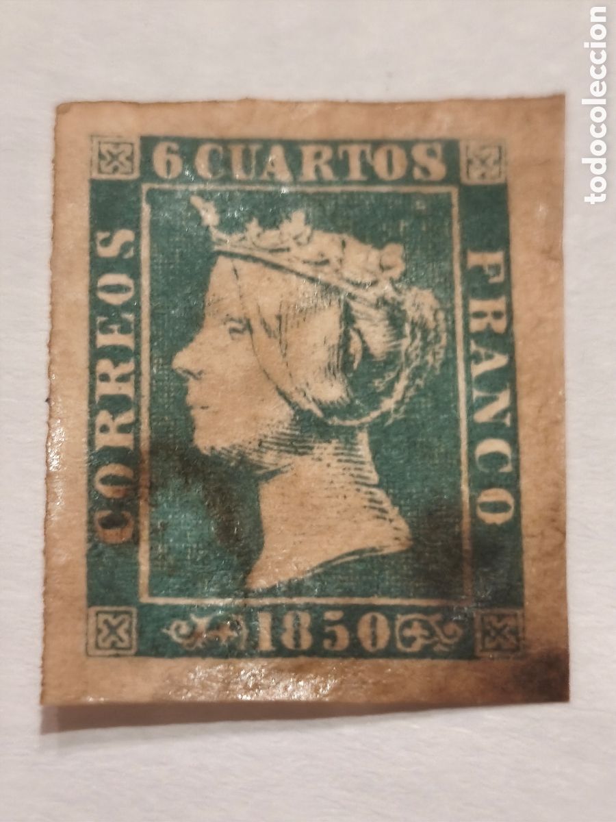 Sellos: Sello cl&aacute;sico de Espa&ntilde;a n 1 A,variedad de color 6 cuartos verde en vez de negro , mancha sobada pape