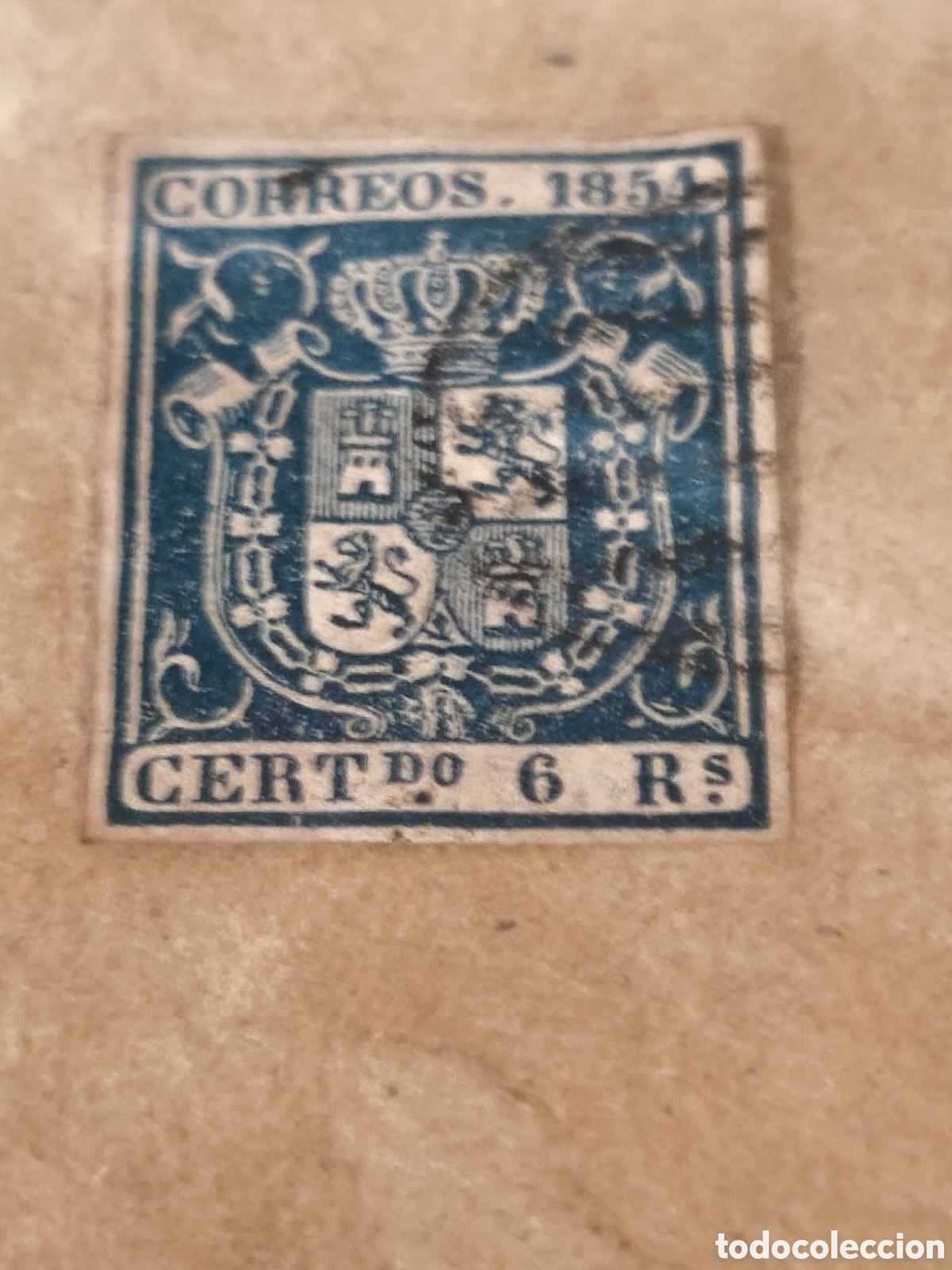 Sellos: Sello cl&aacute;sico de Espa&ntilde;a n 27. Usado parrilla negra muy escasa 6 reales azul ,ver imagenes