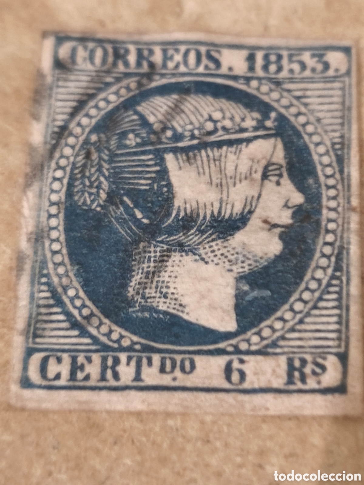 Sellos: Sello cl&aacute;sico de Espa&ntilde;a n 21 usado parrilla negra muy escaso 6 reales azul ver las imagenes