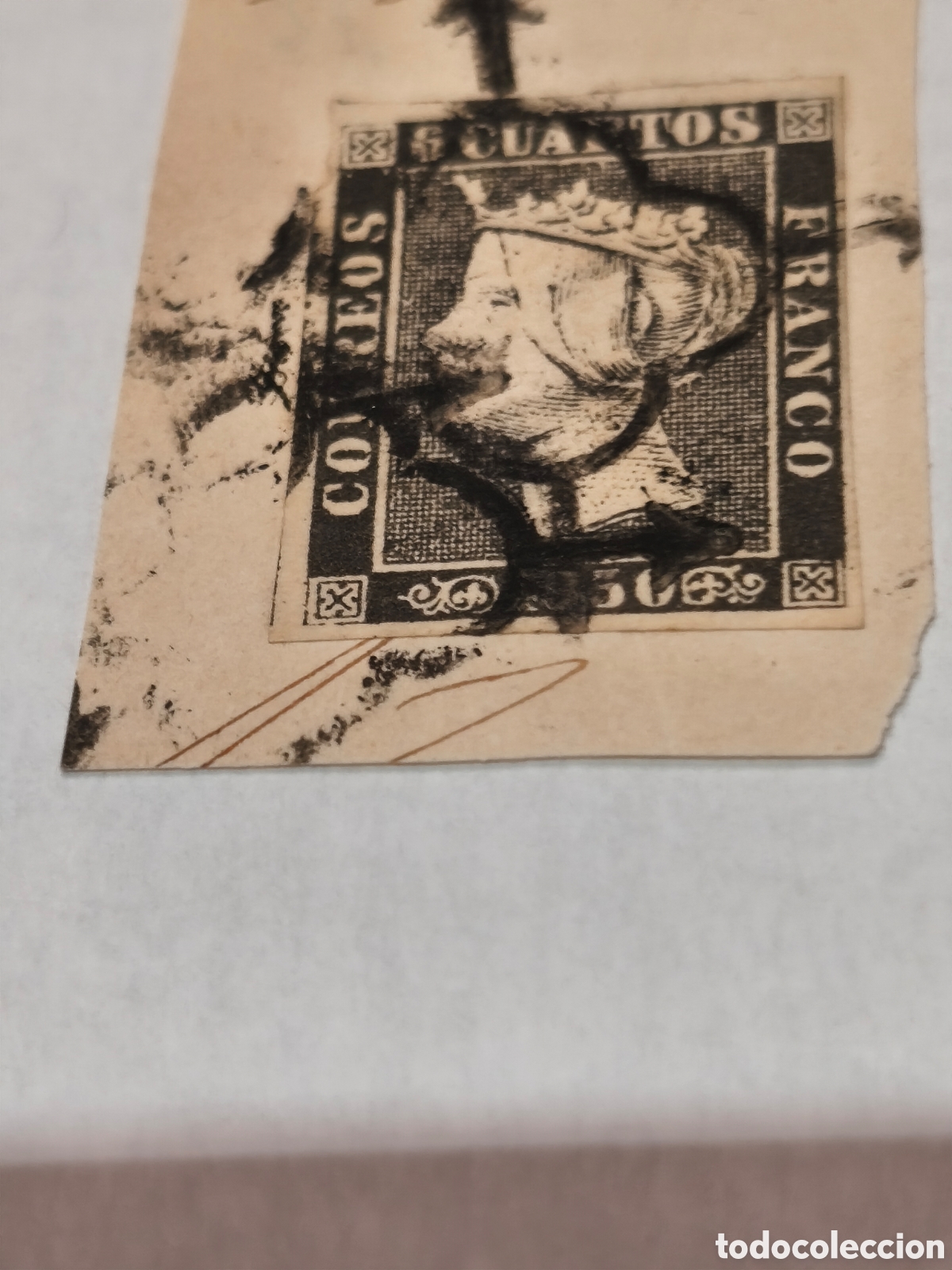 Sellos: Sello cl&aacute;sico de Espa&ntilde;a historia postal n 1 ,ara&ntilde;a negra sobre fragmento de carta ver,6 cuartos negr