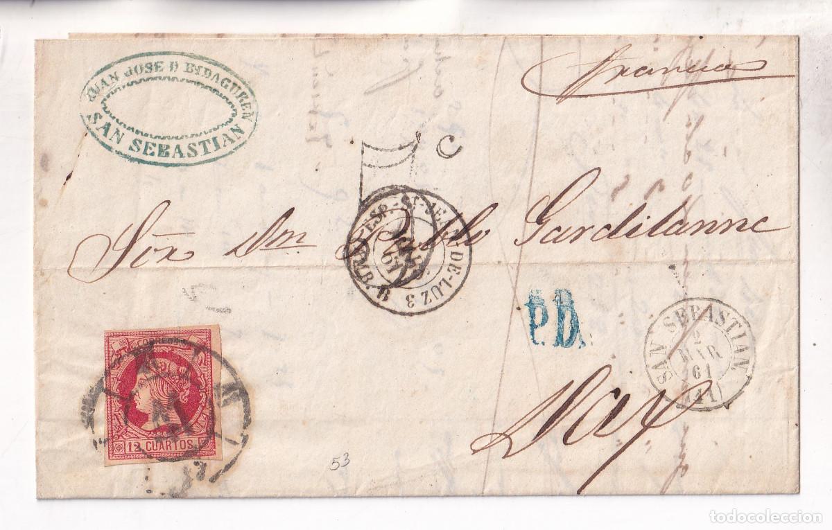 Sellos: CARTA ENTERA. SAN SEBASTI&Aacute;N. 1861. RUEDA DE CARRETA. A FRANCIA