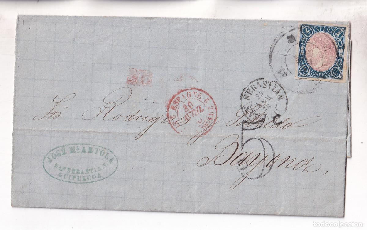 Sellos: CARTA ENTERA. SAN SEBASTI&Aacute;N. 1865. RUEDA DE CARRETA. 12 CUARTOS. A FRANCIA