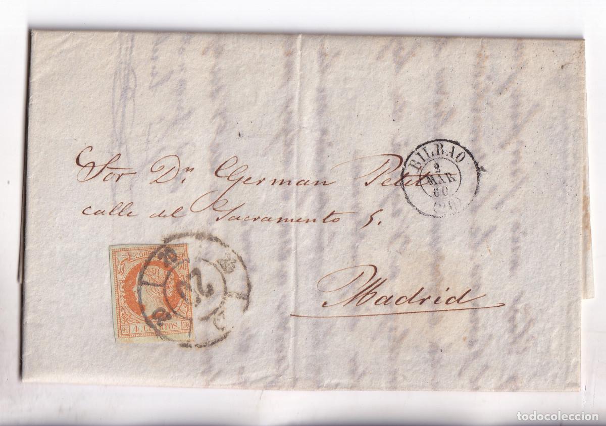 Sellos: CARTA ENTERA. BILBAO A MADRID. 1860. RUEDA DE CARRETA DE LUJO