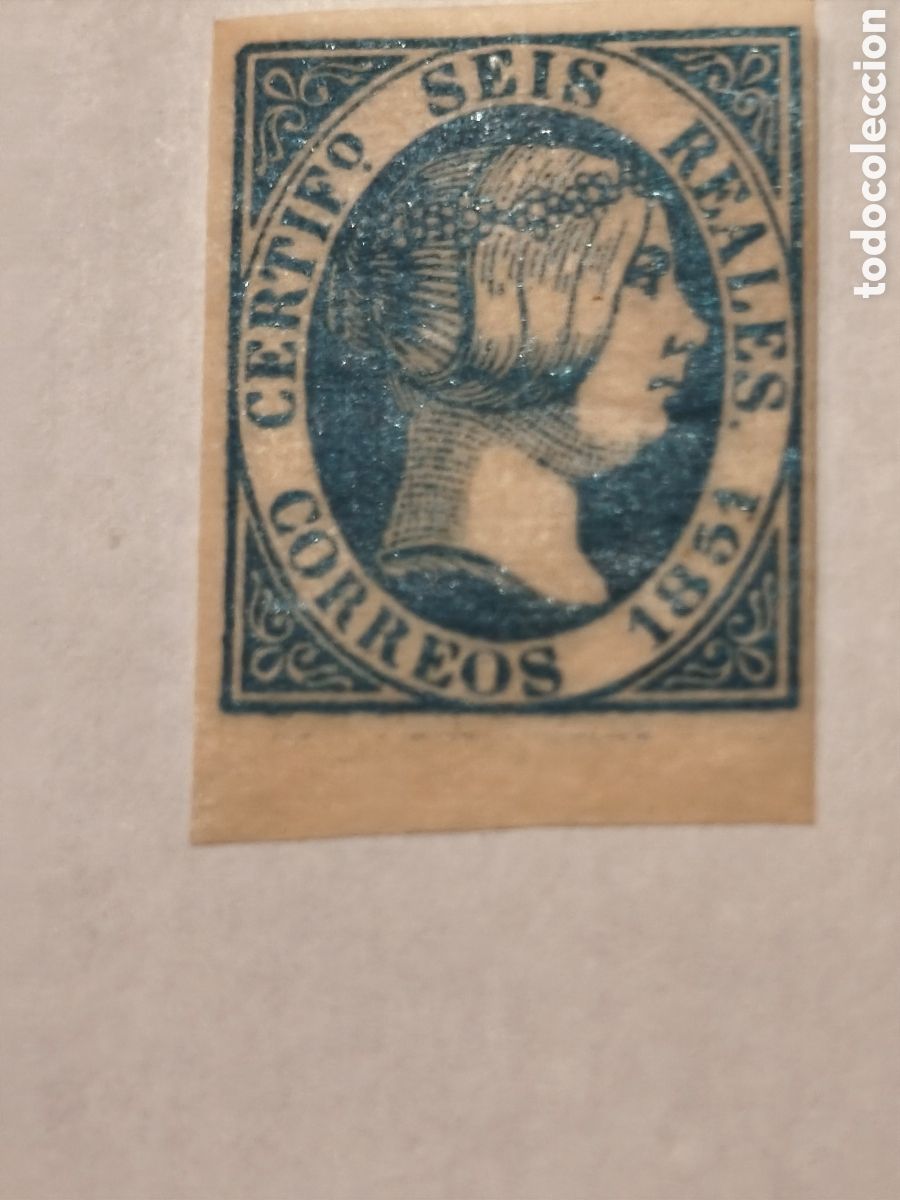 Sellos: Sello cl&aacute;sico de Espa&ntilde;a n 10 nuevo con su goma** borde de hoja escaso 6 reales azul,ver