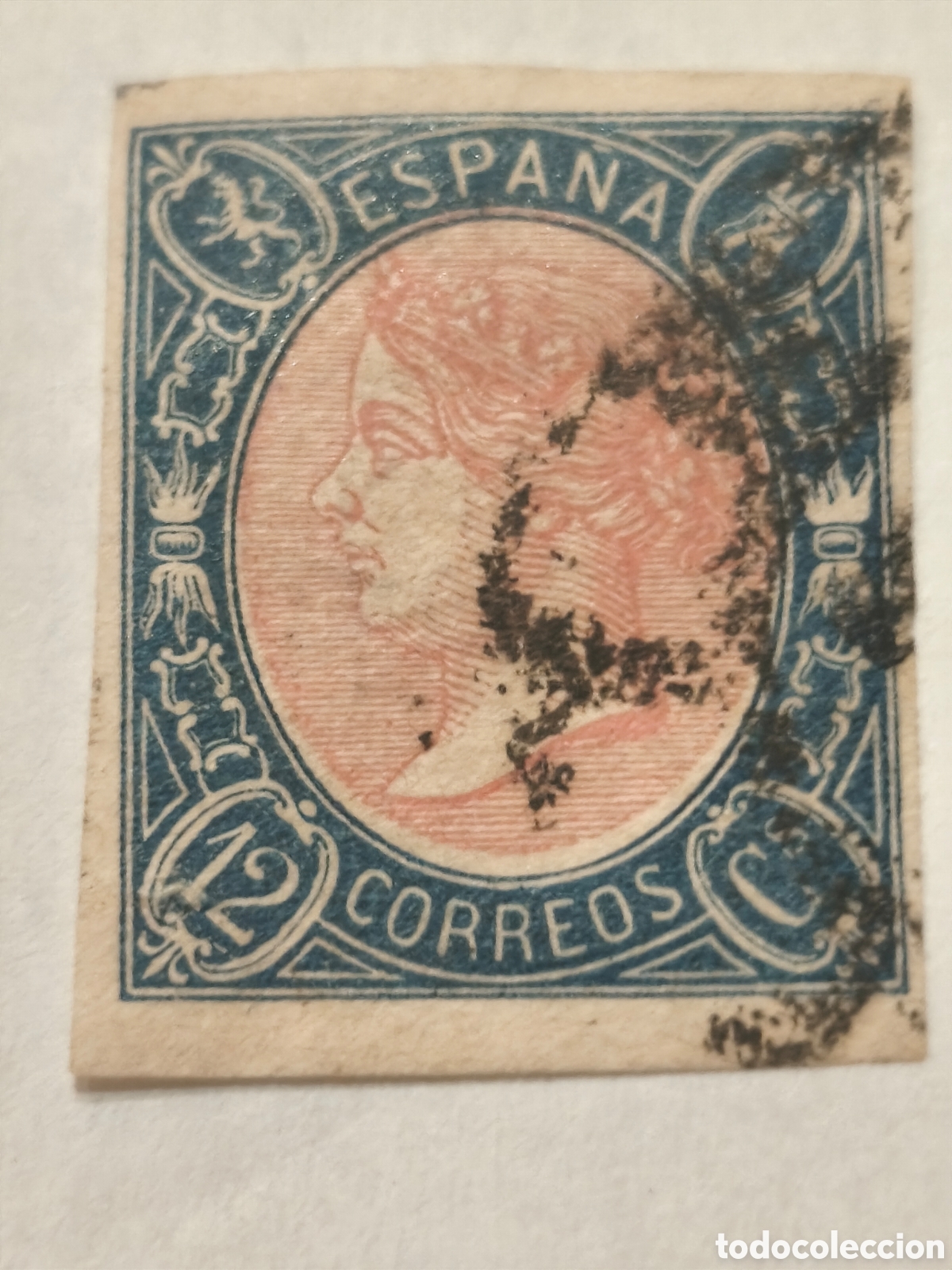 Sellos: Sello cl&aacute;sico de Espa&ntilde;a n 70 usado rueda de carreta escaso 12 cuartos azul y rosa ver