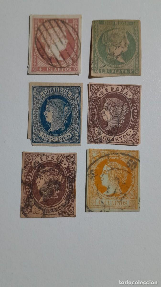 Sellos: Lote 6 Sellos Isabel II (1855-1866) - Sin dentar - Usados/Matasellados (Incluye 1 R. Plata Ultramar