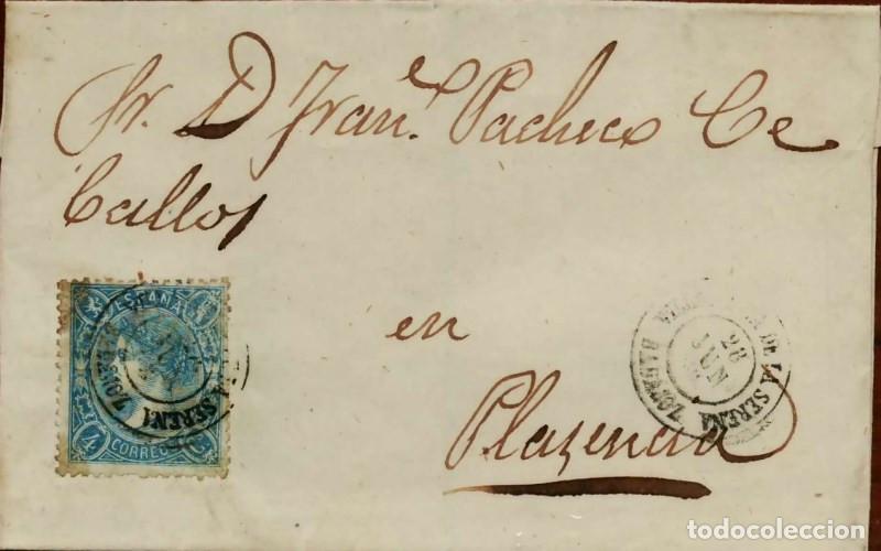 Sellos: FA1516C. HISTORIA POSTAL. 1865, 28 de junio. Villanueva de la Serena a Plasencia
