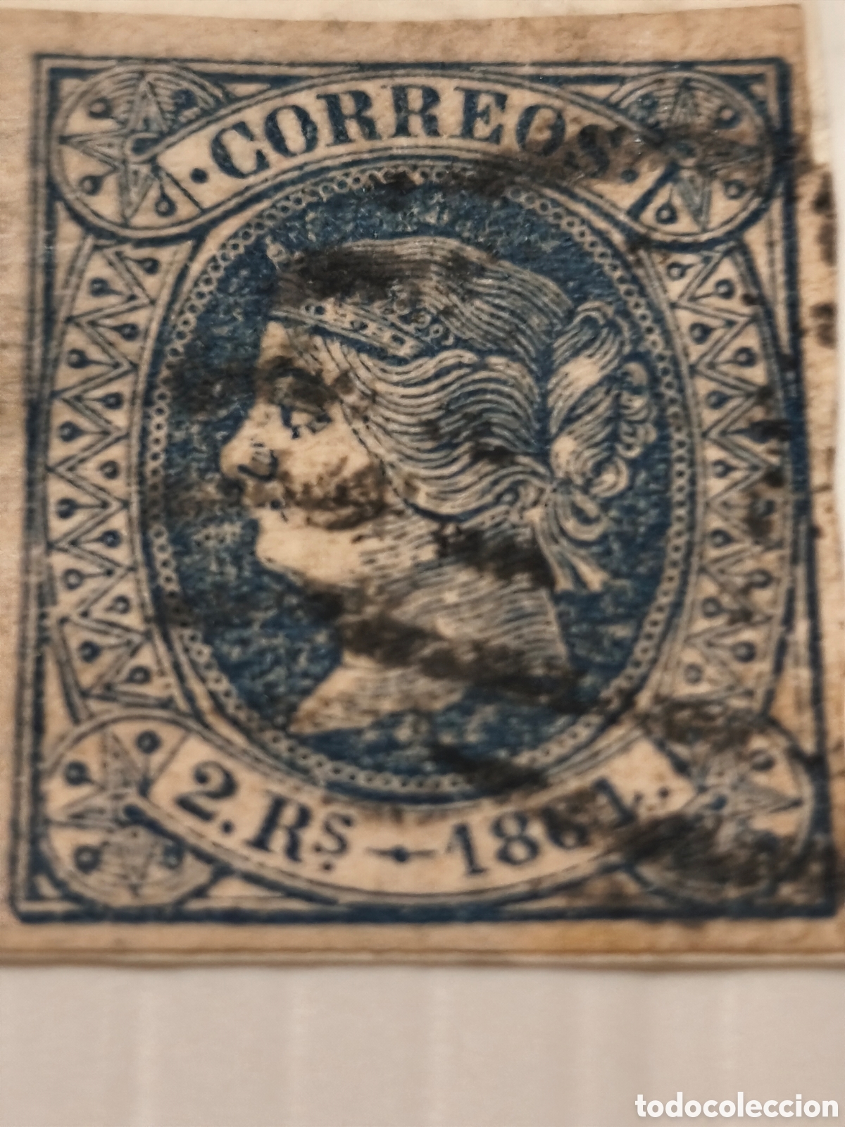 Sellos: Sello cl&aacute;sico de Espa&ntilde;a n 68 usado parrilla 2 reales azul ,sobre fragmento ver
