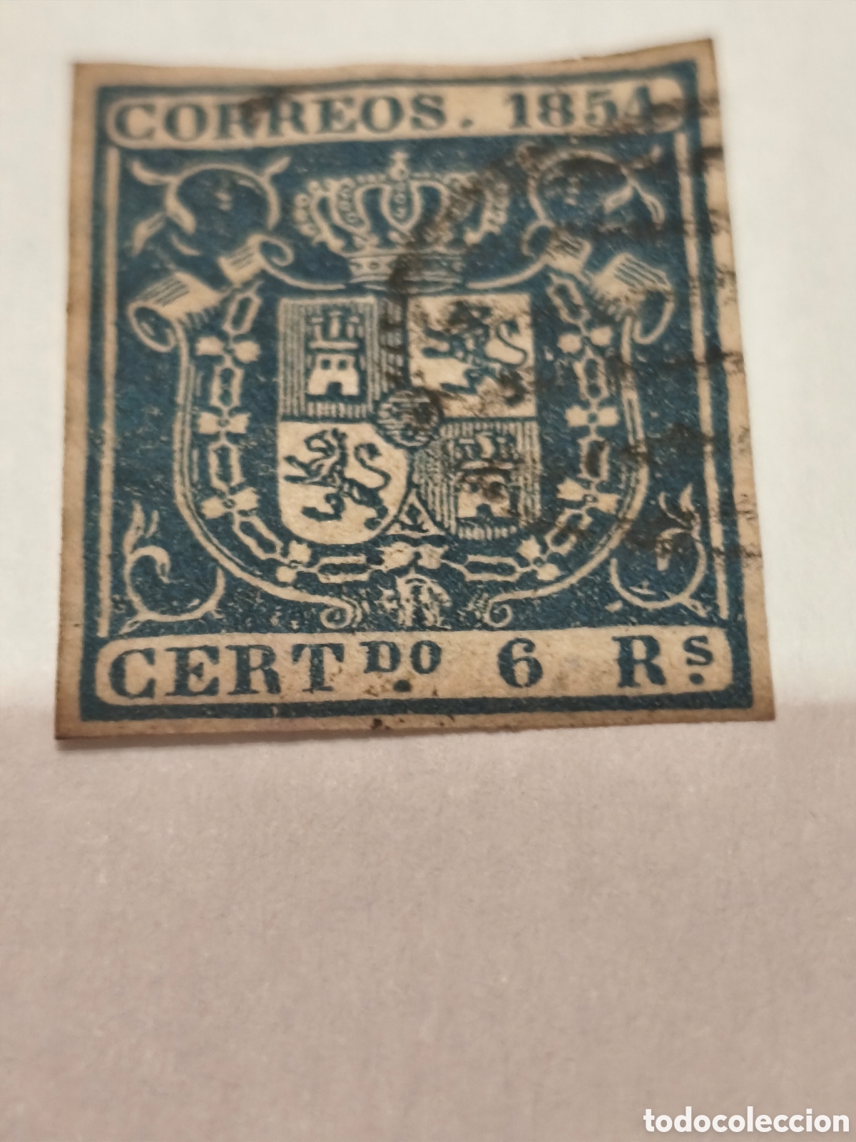 Sellos: Sello cl&aacute;sico de Espa&ntilde;a n 27 Usado parrilla negra muy escaso 6 reales azul,ver imagenes