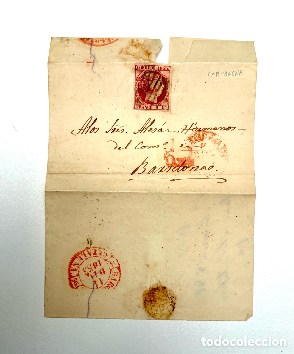 Sellos: 1853 Envuelta Comercial Completa de Pto Mazarr&oacute;n/Cartagena a Barcelona. Sello 6cs Rosa (Edifil 17).