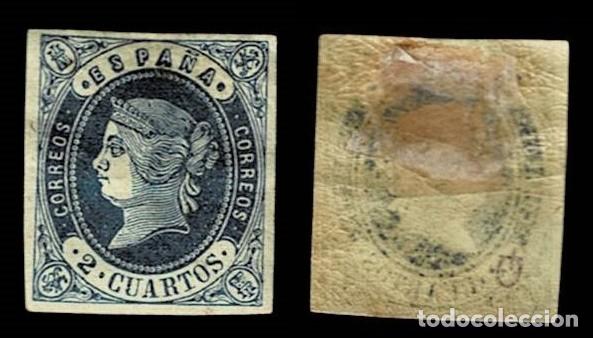 Sellos: ESPA&Ntilde;A Isabel II Edifil n&ordm; 57 Valor 2 CUARTOS Color AZUL Con fijasellos VER