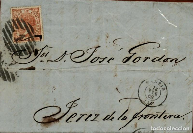 Sellos: FA3703. HISTORIA POSTAL. 1868, Madrid a Jerez, cancelado con Parrilla con Cifra 1 LUJO