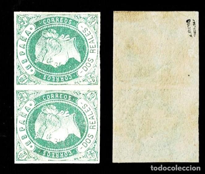 Sellos: ESPA&Ntilde;A Isabel II Edifil n&ordm; 62b Variedad Color VERDE AMARILLO en PAREJA Firmado A. Roig Valor 2 reale