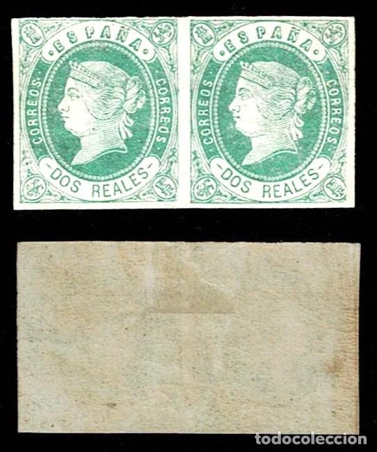 Sellos: ESPA&Ntilde;A Isabel II Edifil n&ordm; 62b Variedad Color VERDE AMARILLO en PAREJA Valor 2 reales Con fijasellos