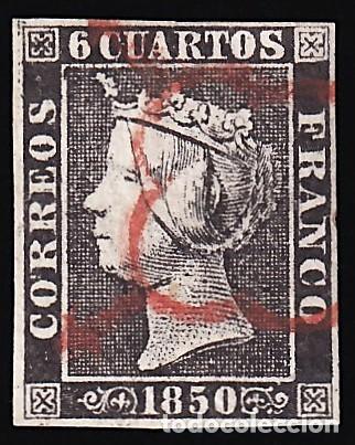 Sellos: ESPA&Ntilde;A, 1850 EDIFIL N&ordm; 1, 6 cu. negro, [Tipo I. / Mat. Ara&ntilde;a en Rojo.]