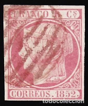 Sellos: ESPA&Ntilde;A, 1852 EDIFIL N&ordm; 12, 6 cu. rosa. [Mat. Parrilla roja. / Cat. 200&euro;]