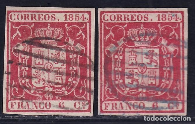 Sellos: ESPA&Ntilde;A, 1854 EDIFIL N&ordm; 24, 6 cu. carm&iacute;n. [Mat. Parrilla negra y azul.]