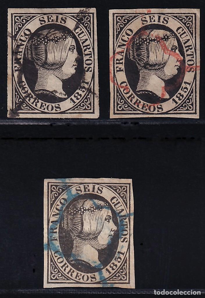 Sellos: ESPA&Ntilde;A, 1851 EDIFIL N&ordm; 6, 6 cu. negro. [Mat. Parrilla negra, azul y roja.]