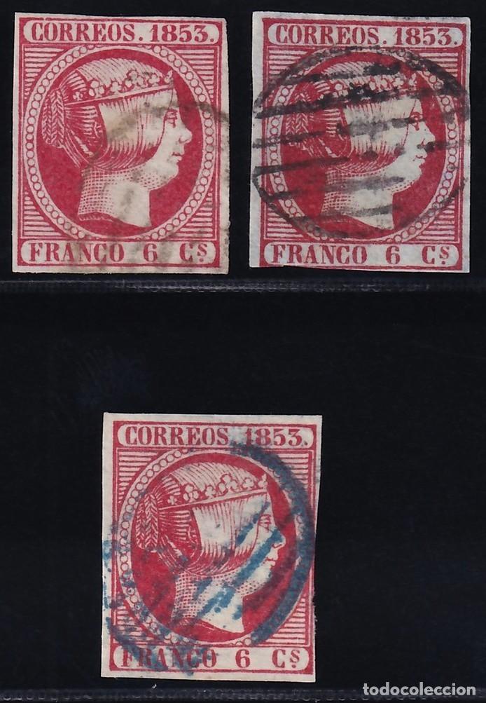 Sellos: ESPA&Ntilde;A, 1853 EDIFIL N&ordm; 17, 17a, 6 c. rosa / rosa carminado. [Mat. Parrilla nrgra y azul.]
