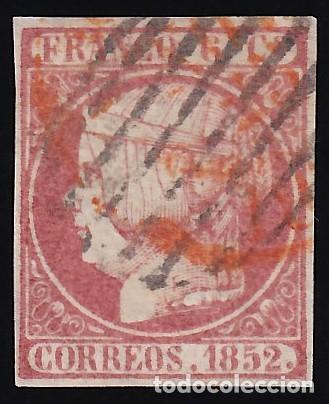 Sellos: ESPA&Ntilde;A, 1852 EDIFIL N&ordm; 12, 6 cu. rosa. [Mat. parrila negra y fechador en rojo.]